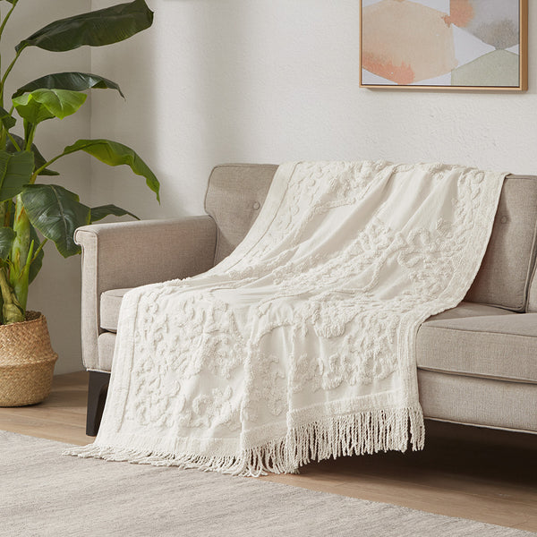 JLA Home Madison Park - 100% Cotton Tufted Chenille Throw with Fringe Tassel — Lightweight, Breathable Boho Layering Accent Ivory MP50N-5513
