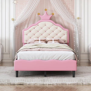 English Elm Twin Lovely Crown Fantasy PU Leather Princess Bed with Tufted Headboard, Soft Upholstery, Sturdy Design Pink 42 L x 22.5 W x 7.5 H N733P198760H