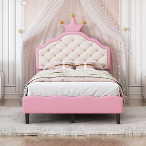 English Elm Twin Size Lovely Crown Fantasy Pu Leather Princess Bed With Tufted Headboard, Pink+Cream