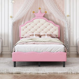 Princess Crown Fantasy Twin Bed, Pink+Cream, Strong Structure, Soft Leather