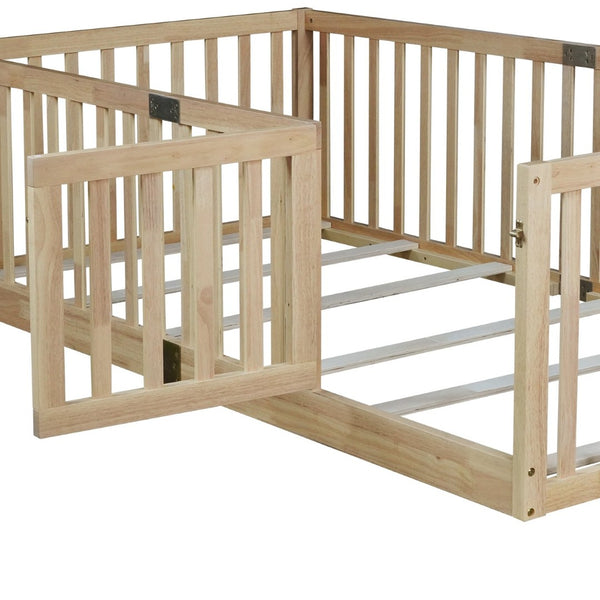 English Elm Twin Montessori Floor Bed Solid Rubber Wood with Safety Fence Rails Toddler Room W504P411198