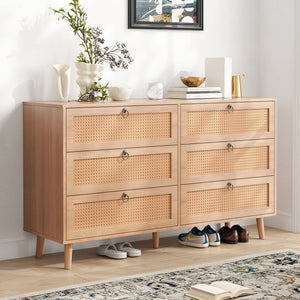 English Elm Rattan 6-Drawer Double Dresser with Handwoven PE Rattan Fronts, Wood Top, Copper Pulls, Spacious Storage Natural T3623P411337