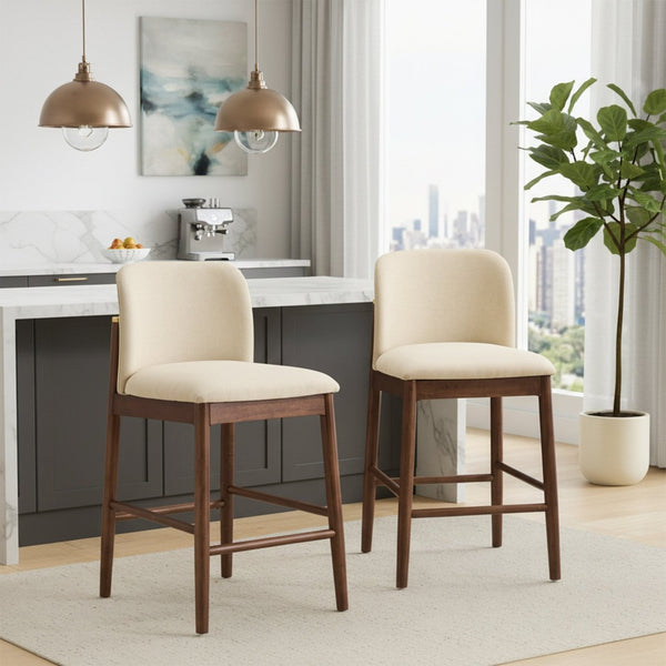 English Elm Lois Rubberwood Counter Stools Set of 2 Beige Upholstered Seats Walnut Frame N775P369557D