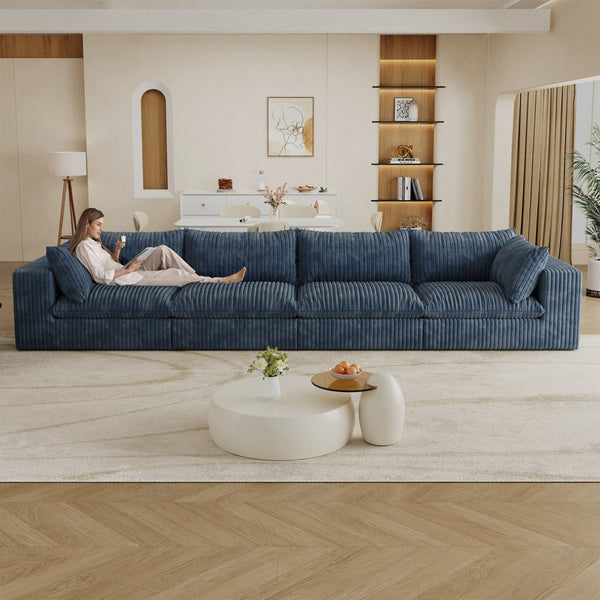 English Elm 157.6" Corduroy Modular Cloud Sofa Feather Fill Deep Lounge Seating for Living Room Blue W2824S00193