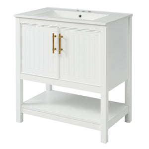 English Elm 30-Inch White Bathroom Vanity With Ceramic Sink - Stylish Storage Solution For Small Spaces! WF325888AAK