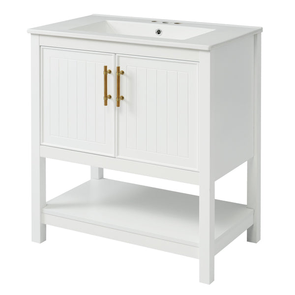 English Elm 30-Inch White Bathroom Vanity With Ceramic Sink - Stylish Storage Solution For Small Spaces! WF325888AAK