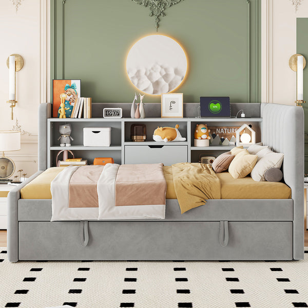 English Elm Twin Upholstered Daybed with Pull-Up Trundle, Velvet High Back with Shelves, Flip Storage & USB Gray SF000194AAE