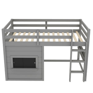 English Elm Twin Loft Bed House Frame with Sliding Chalkboard Built-in Bookshelf and Safety Rails Gray W1580S00320