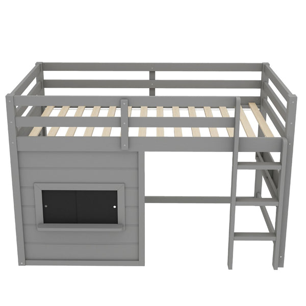 English Elm Twin Loft Bed House Frame with Sliding Chalkboard Built-in Bookshelf and Safety Rails Gray W1580S00320