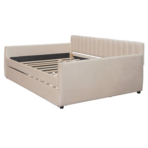 English Elm Full Size Velvet Upholstered Daybed with Pull Out Trundle and Wood Slat Support Beige LP100121AAA