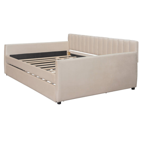 English Elm Full Size Velvet Upholstered Daybed with Pull Out Trundle and Wood Slat Support Beige LP100121AAA