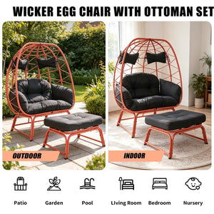 English Elm Double Egg Chair with Ottoman Pe Rattan Wicker Two Person Outdoor Patio Lounge Set T5880P501488