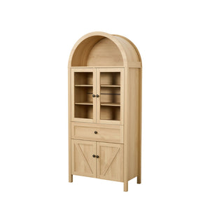 English Elm Dome Arched Cabinet with Vintage Circular Hardware and Multi-tier Shelving for Living Room W1785P332536