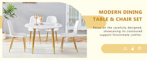 English Elm Table and Chair Set Extendable Round Mdf Dining with Gold Legs Linen Seats W1151S03957