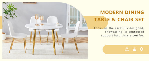 English Elm Table and Chair Set Extendable Round Mdf Dining with Gold Legs Linen Seats W1151S03957