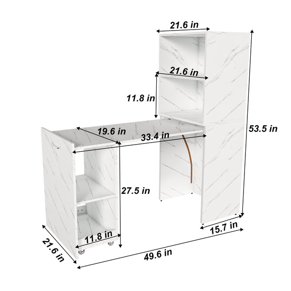 English Elm Stretchable expandable office desk with magnetic fold, lockable casters, adjustable shelves for storage and space-saving White Marble W509P355682
