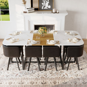 English Elm 9-piece Square Dining Set Faux Marble Wood Grain Top with 8 Black Leather Chairs W3875S00144