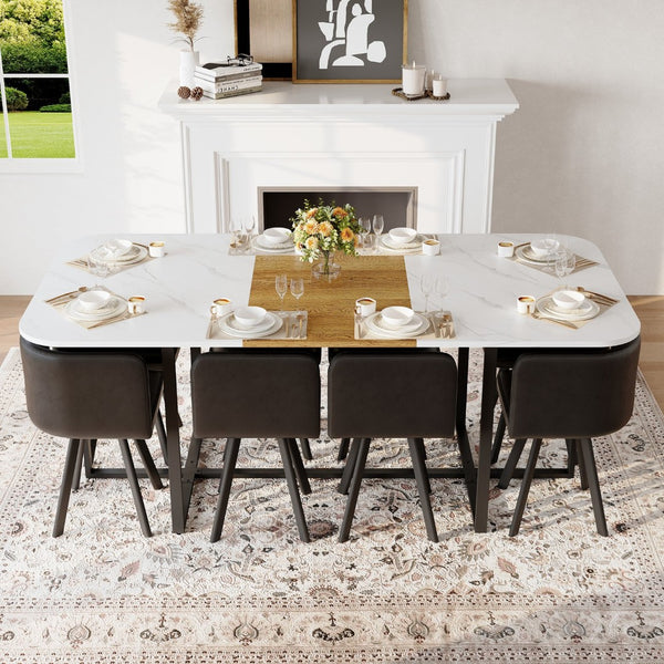 English Elm 9-piece Square Dining Set Faux Marble Wood Grain Top with 8 Black Leather Chairs W3875S00144
