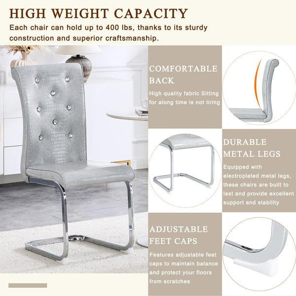 English Elm Set of 2 Glam Faux Alligator Pvc Dining Chairs with Crystal Buckle Bow Legs Gray W3875P371035