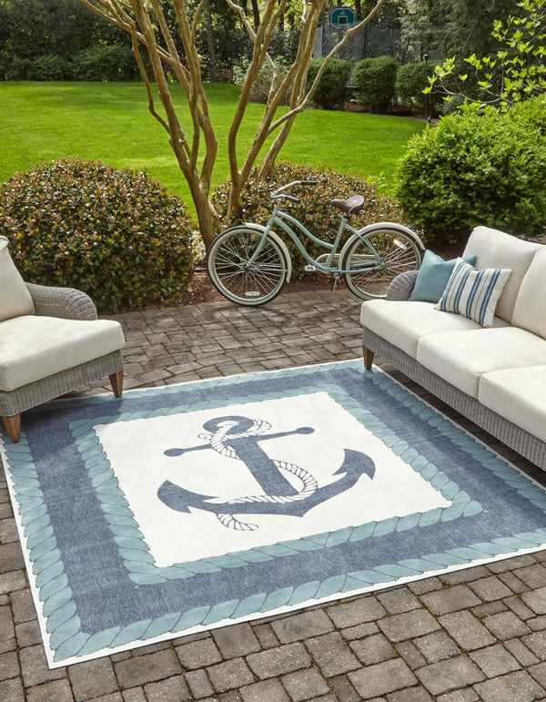Unique Loom Outdoor Coastal Anchor Machine Made Border Rug Navy Blue, Light Blue/Ivory 7' 10" x 7' 10"