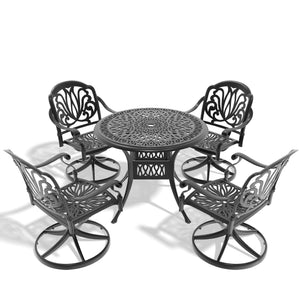 English Elm 5-Piece All-Weather Cast Aluminum Dining Set With Swivel Chairs & Umbrella-Ready Round Table W1710S00263