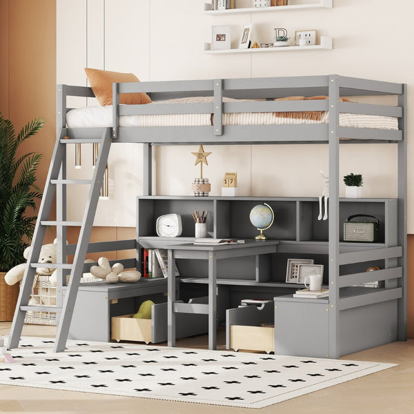 English Elm Twin Low Loft Bed with Pull Out Desk Drawers Cabinet and Shelves for Kids Grey W697S00035