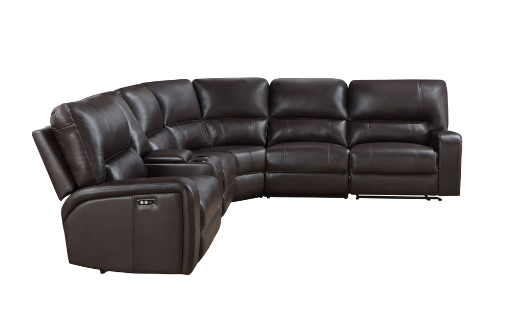 English Elm Saul Espresso Faux Leather Power Recliner Sectional Sofa with USB, Cupholders & Storage Console B2726S00123