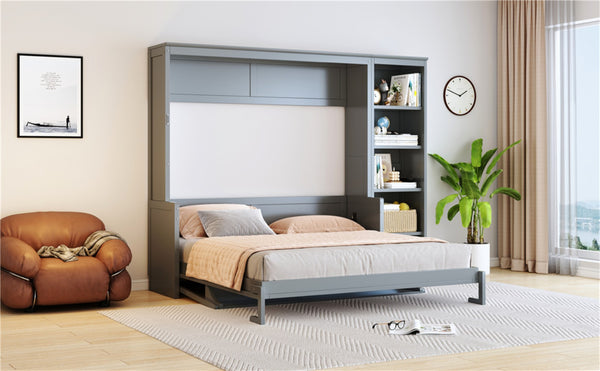 English Elm Queen Size Murphy Bed With Integrated Desk & Bookshelf – Stylish Gray Space-Saving Solution! N7090004016E-GIGA