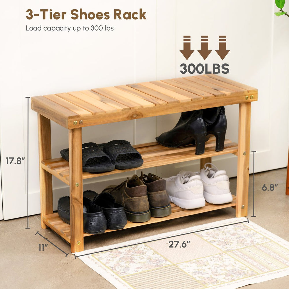 English Elm Acacia 2-Tier Shoe Rack Bench — Natural Acacia Wood Organizer, Compact 200 lb Seat, Easy Assemble W2391P149801