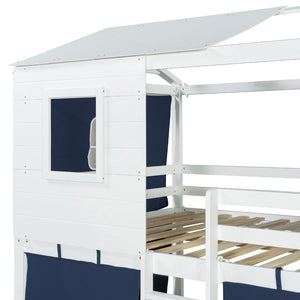English Elm Full Size Kids Playhouse Bunk Bed Pinewood Frame with Tent Roof and Window Cutouts Blue LT000380AAC-1