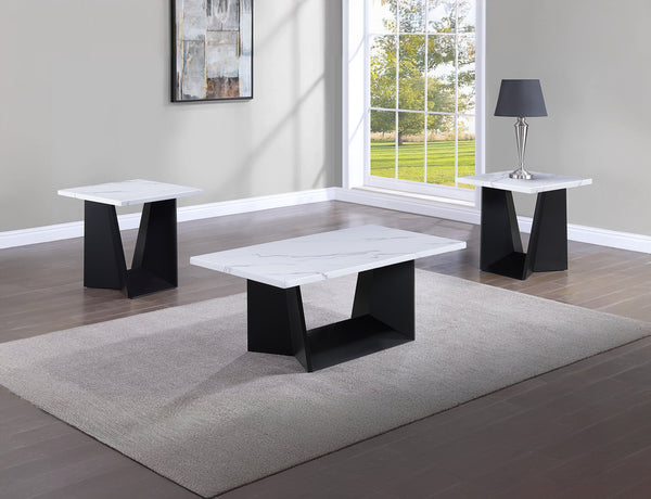 English Elm 3pc Modern Cocktail Table Set with Marble-Inspired Tops and Reeded Bases, Luxe Metallic Accents Black,White 29.75 L x 20.25 W x 23.5 H B011S01892