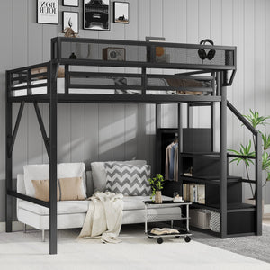 English Elm Full Size Loft Bed With Stairs And Storage Shelves – Stylish Black Metal High Loft Bed For Kids & Teens W2580S00037
