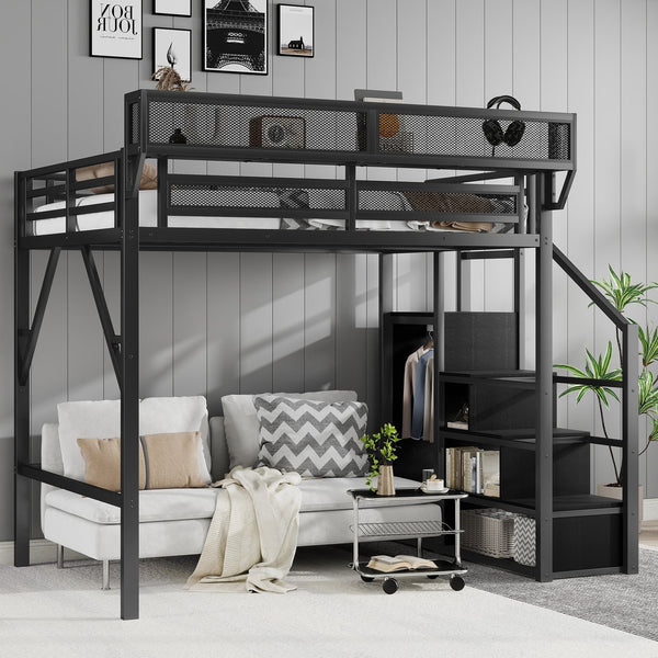 English Elm Full Size Loft Bed With Stairs And Storage Shelves – Stylish Black Metal High Loft Bed For Kids & Teens W2580S00037