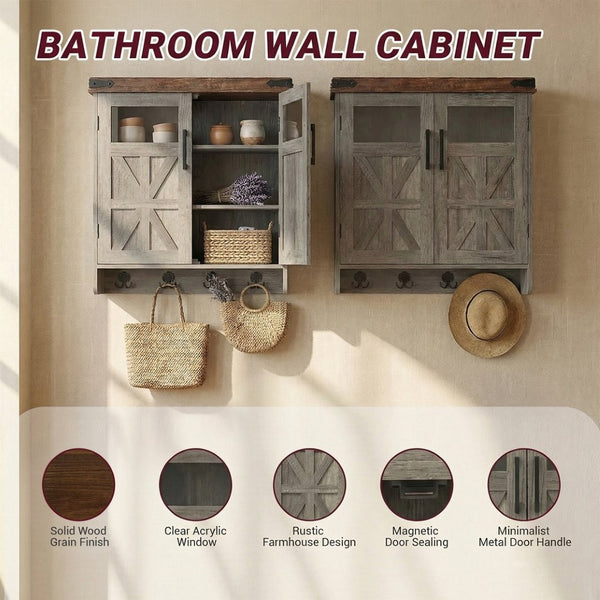 English Elm Bathroom Wall Cabinet Over Toilet with Adjustable Shelves and Built in Towel Hook Grey+Brown T5831P489009