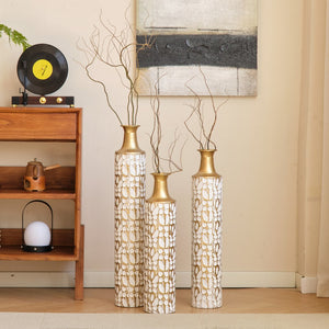 English Elm Floor Antique White Gold Metal Vases Set of 3 (32/28/24") — Tall Decorative Centerpieces for Entryway W2796P193594