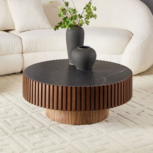 English Elm 35.43'' Modern Nesting Round Sintered Stone Tabletop — Compact Pedestal Coffee Table for Apartments Walnut W876P262230