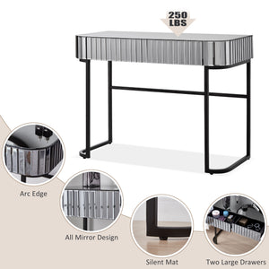 English Elm 39" Mirrored Vanity Table with Stainless Steel Base, 2 Drawers, Tempered Glass Top, 250lb Capacity, Gray Glam Desk N704P171796B