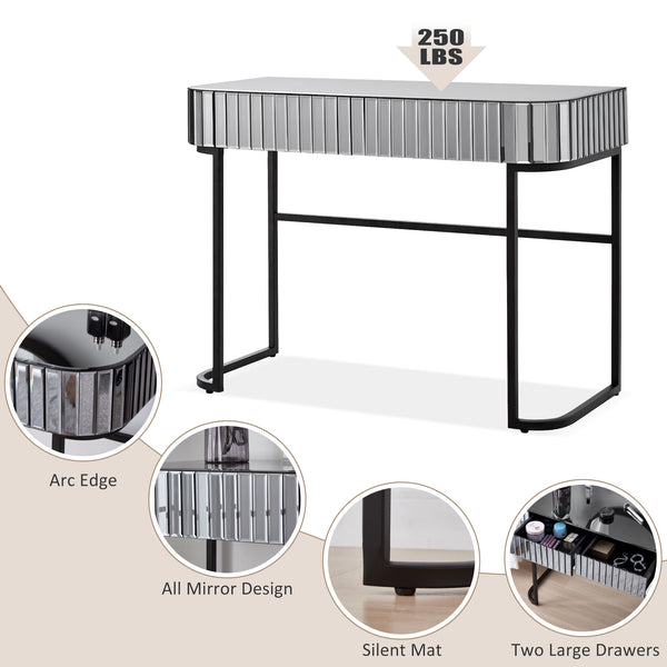 English Elm 39" Mirrored Vanity Table with Stainless Steel Base, 2 Drawers, Tempered Glass Top, 250lb Capacity, Gray Glam Desk N704P171796B