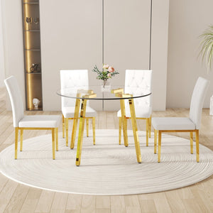 English Elm Table Modern 5-Piece Set: Round Clear Tempered Glass Table With Gold Legs & 4 White Pu Chairs W1151S03833-GIGA
