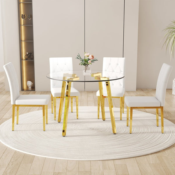 English Elm Table Modern 5-Piece Set: Round Clear Tempered Glass Table With Gold Legs & 4 White Pu Chairs W1151S03833-GIGA