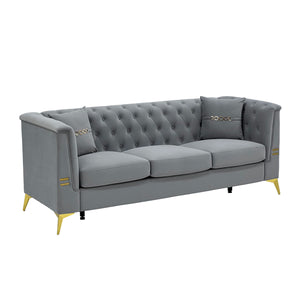 English Elm FX-P83-2PC Velvet Sofa Set of 2 with Tufted Cushions and Gold-Tone Metal Legs for Luxe Comfort Light Gray W576S00238