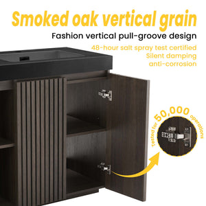 English Elm Galan60F" Smoked Oak Freestanding Bathroom Vanity With Soft-Close Doors & Sleek Black Sink Basin W1865S00154