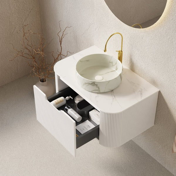 English Elm Muri Floating Bathroom Vanity Plywood Cabinet Sintered Stone Top Oak Drawer W2615S00432