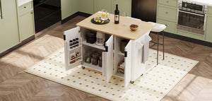 English Elm K&K 51" Fluted Kitchen Island with Waveform Panels, Drop Leaf, Rolling Cart with Towel Rack and Storage White N707P221446W