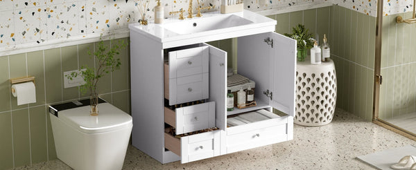English Elm 36 Inch Shaker Bathroom Vanity with Resin Sink Four Soft Close Drawers Mdf Cabinet White N729P000028K