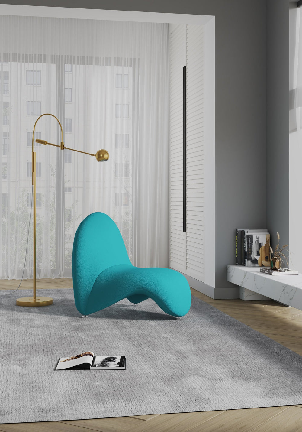 English Elm MoMa Wool Blend Accent Chair with Abstract Tongue Design, Metal Geometric Legs, Plush Comfort Teal B365P397987