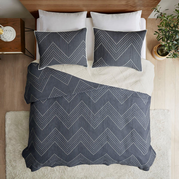 English Elm 3 Pomona Embroidered Cotton Quilt Set Navy King/Cal King – Chevron Taupe Reverse, Antimicrobial, Cozy Modern Bedding B03596540