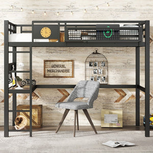 English Elm Twin Xl Solid Pine Loft Bed with Built-in Led Lighting and Storage Shelves W1580S00374