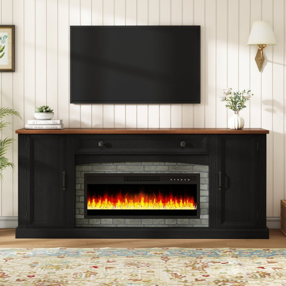 English Elm On-trend Farmhouse Electric Fireplace Console Walnut Veneer Media Cabinet for Living Room Black N721S000069B