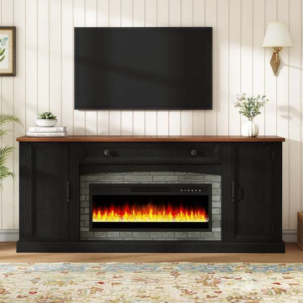 English Elm On-trend Farmhouse Electric Fireplace Console Walnut Veneer Media Cabinet for Living Room Black N721S000069B